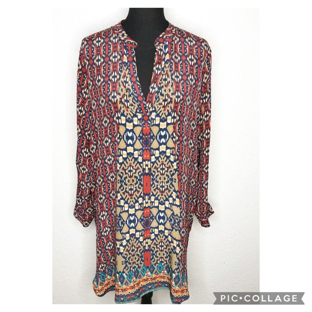 Tolani red blue orange‎ graphic print silk shift dress size Medium